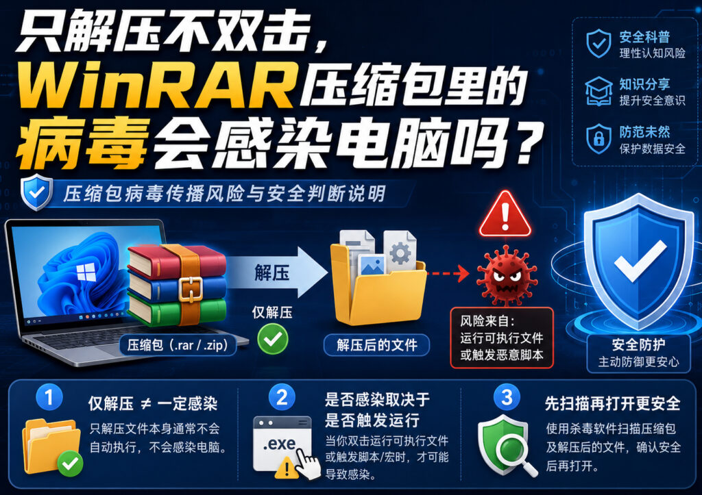 只解压不双击，WinRAR压缩包里的病毒会感染电脑吗