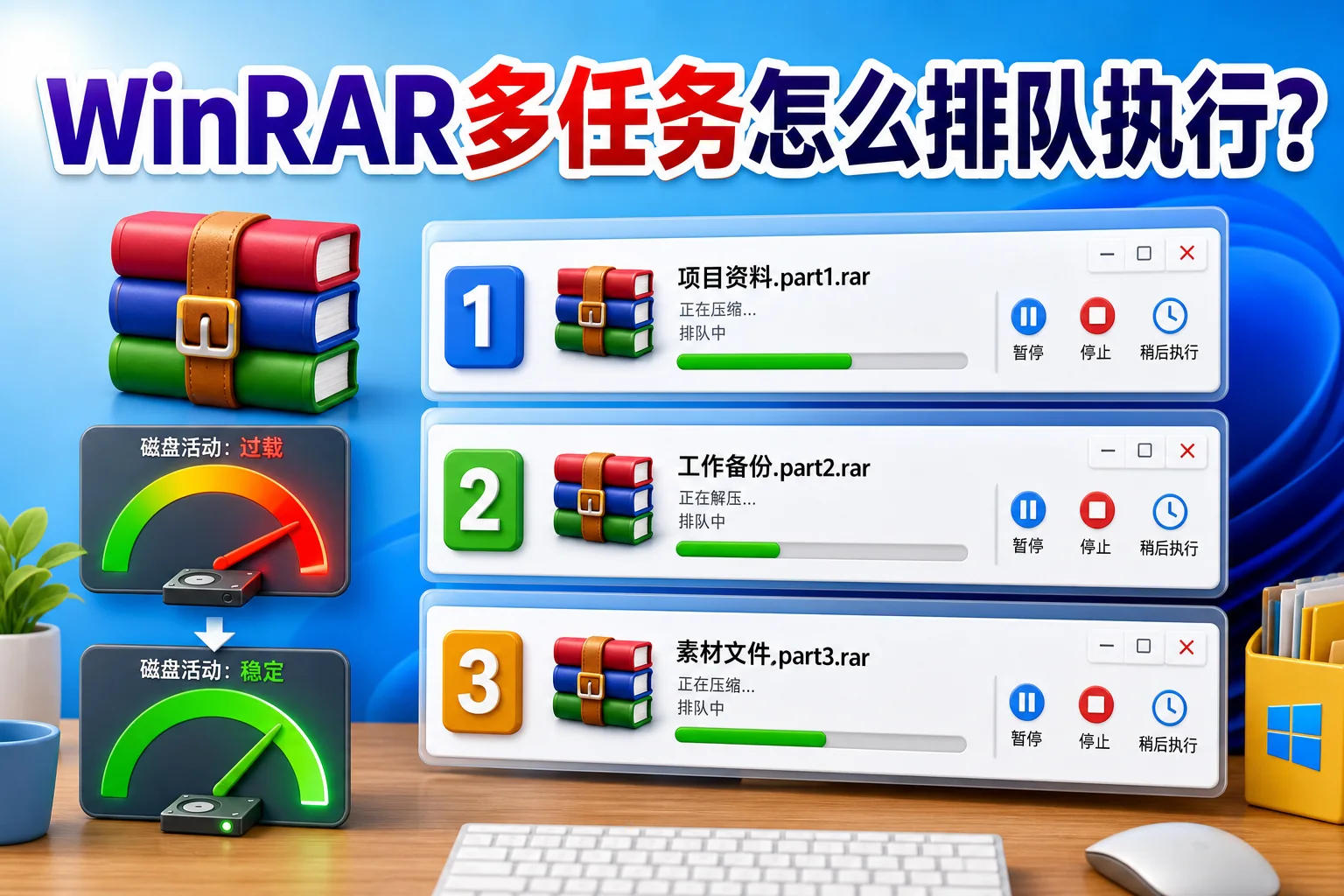 WinRAR多个压缩解压任务排队执行示意