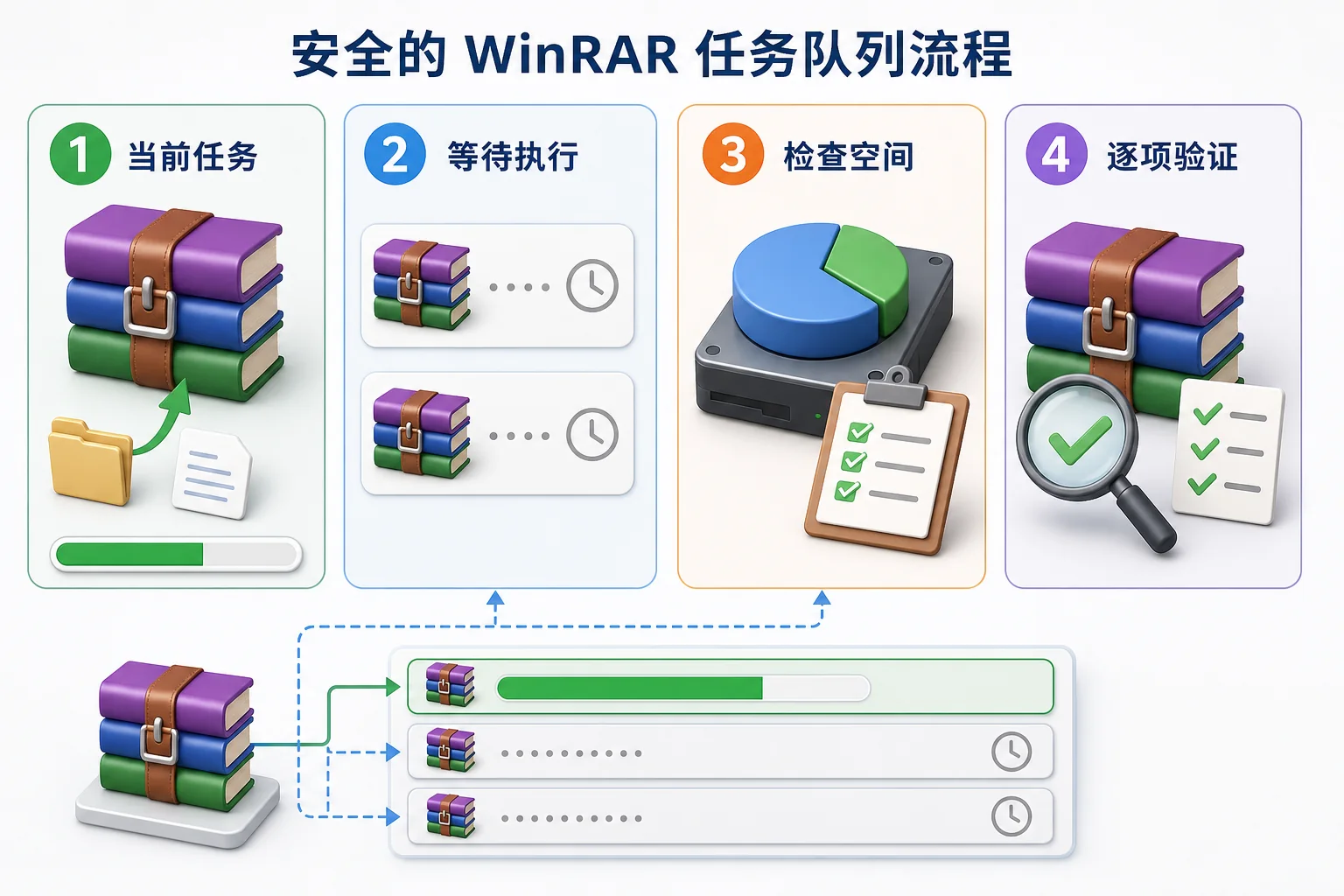 WinRAR任务队列检查空间和逐项验证流程